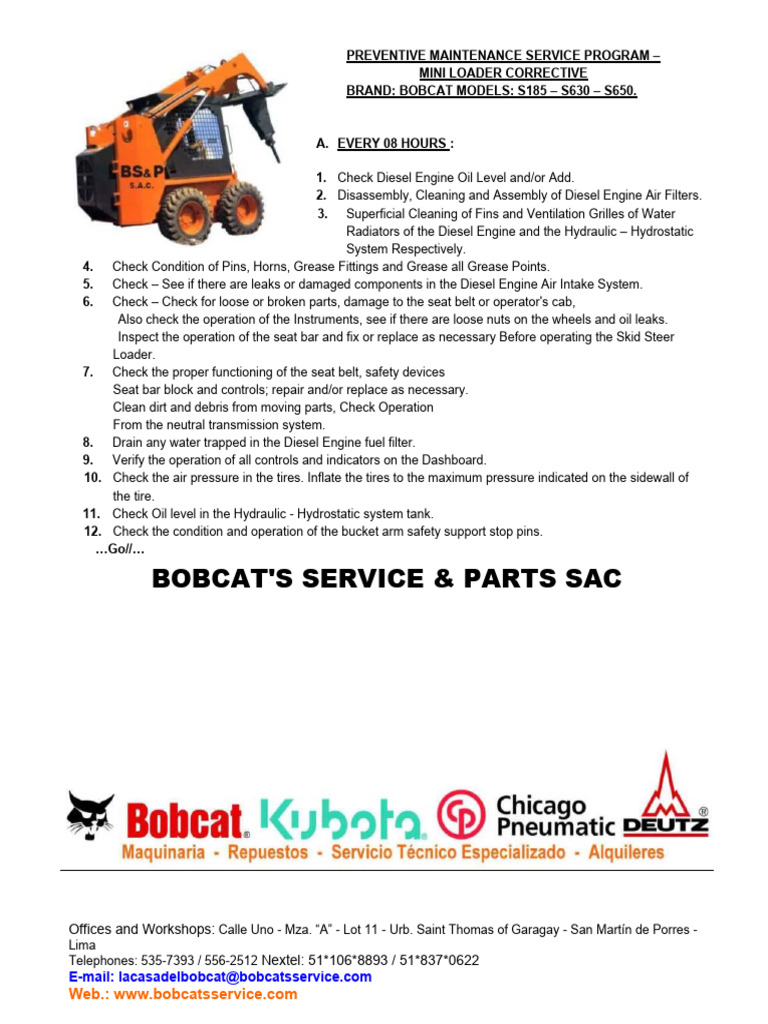 Bobcat S185 Maintenance Schedule | PDF | Diesel Engine | Fuel Injection