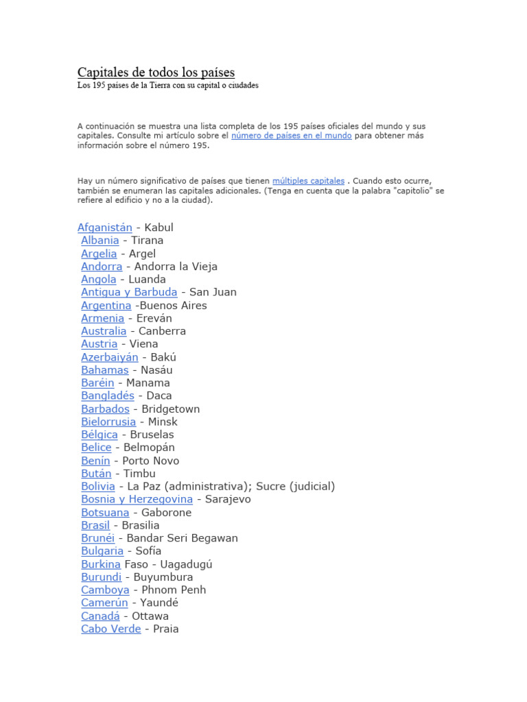 Capitales de Cada País: Los 195 Países de La Tierra Con Su Ciudad o ...
