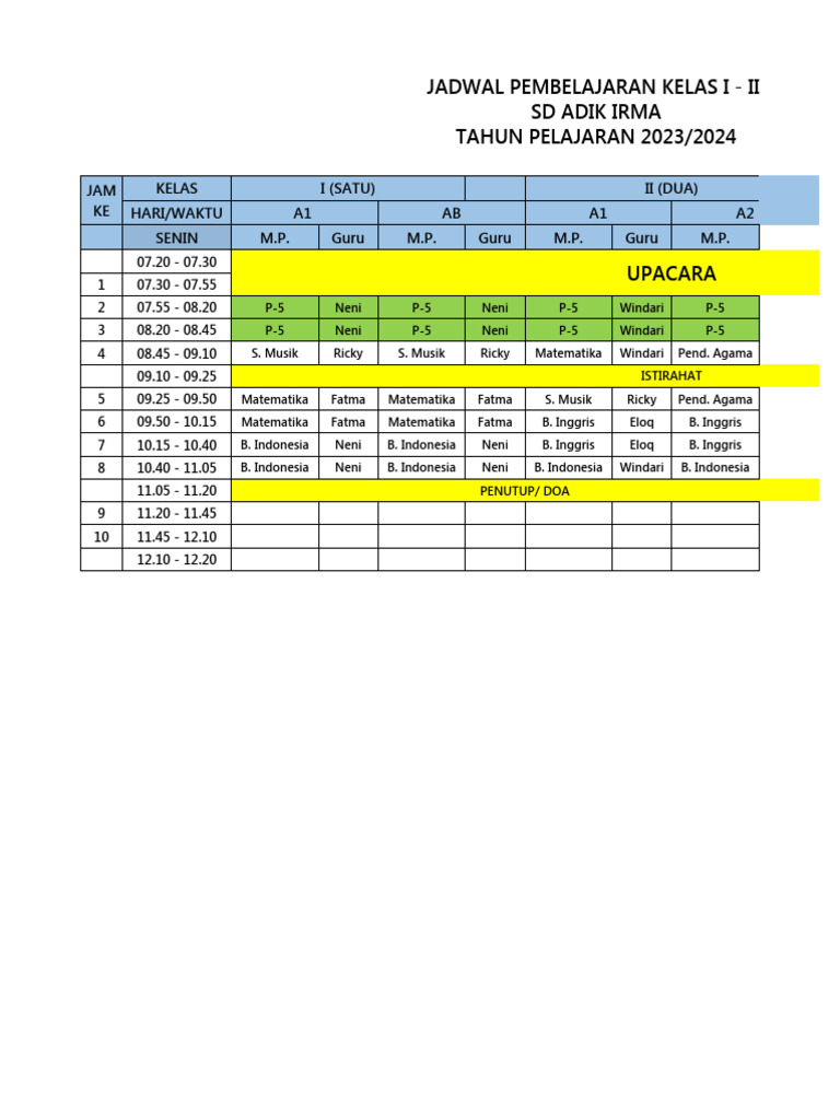 Jadwal Pelajaran KLS 1-6 TP 2023-2024 | PDF