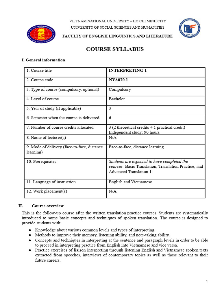 Course Syllabus - Interpreting 1 | PDF | Rubric (Academic) | Language ...