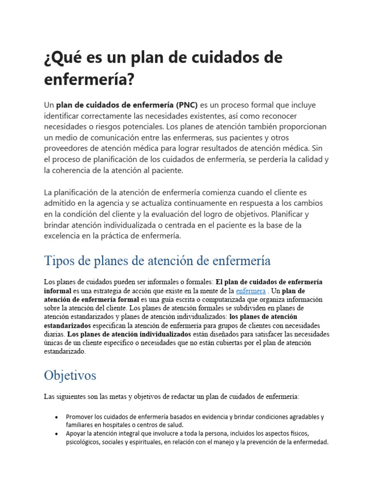 Plan de Cuidados de Enfermería | PDF | Enfermería | Cuidado de la salud