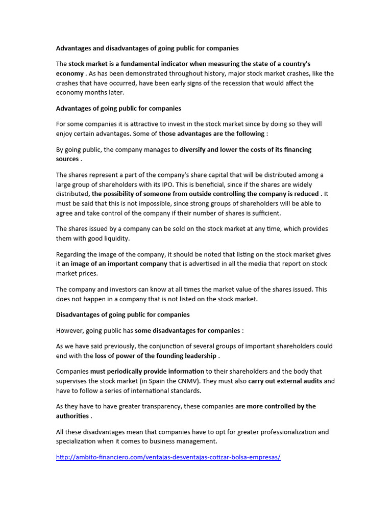 Going Public: Pros and Cons for Companies | PDF | Stocks | Financial ...