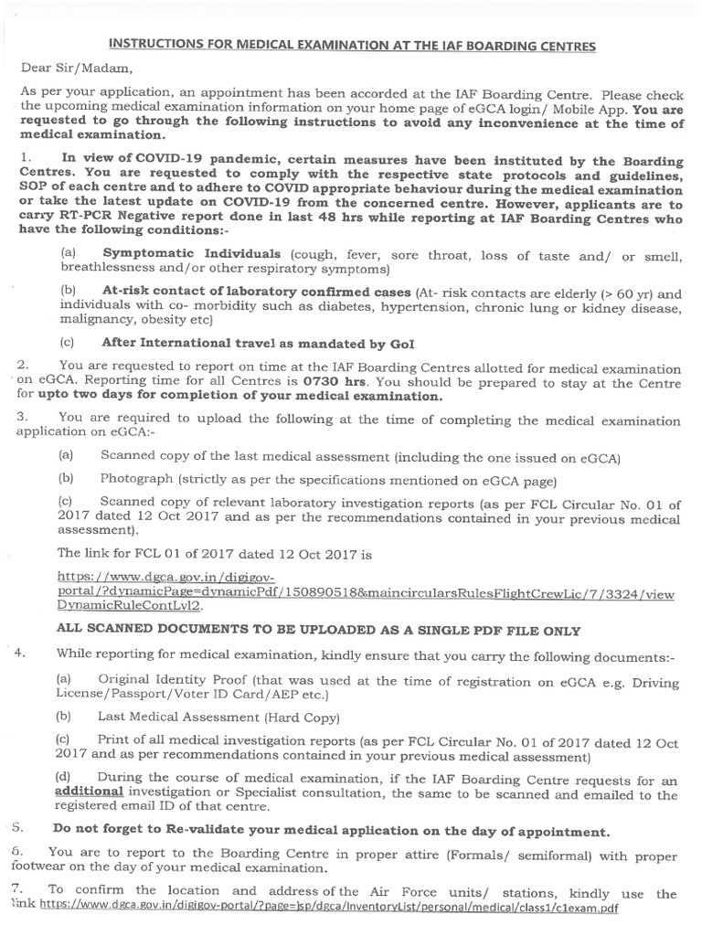 Instructions For Medical Examination at IAF Boarding Centres | PDF