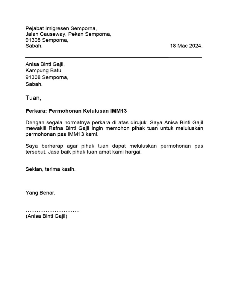 Surat Permohonan IMM13 KDN | PDF