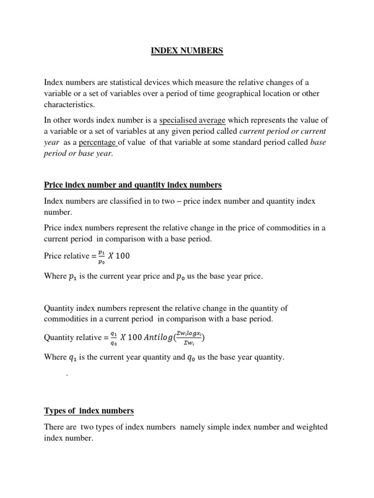 Index Numers Notes | PDF | Cost Of Living | Price Indices