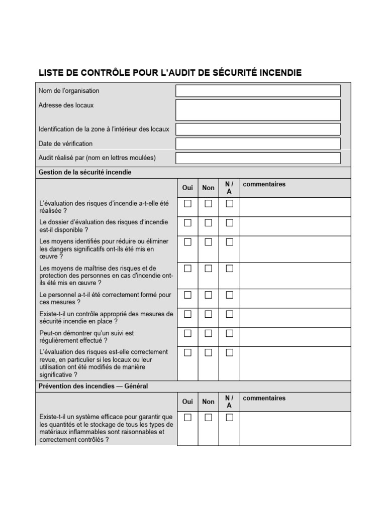 Audit de Sécurité Incendie: Checklist | PDF | Sécurité | Audit