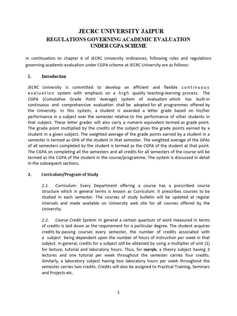 Jecrc University Academic Evaluation PDF Course Credit Quartile