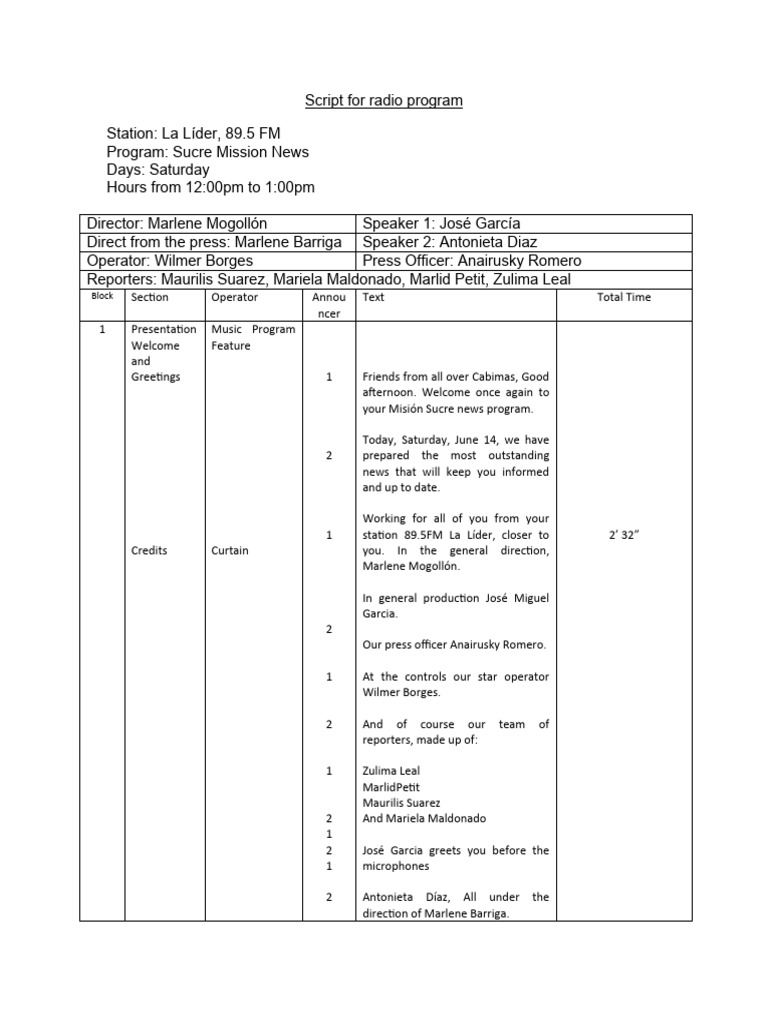 Sucre Mission News Broadcast Script | PDF | Anger | Waste