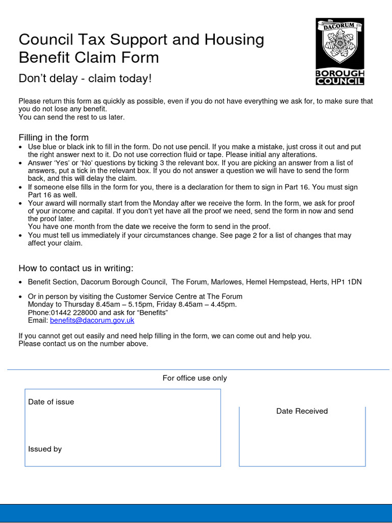 Council Tax and Housing Benefit Claim Form (PDF 788kb) Download Free