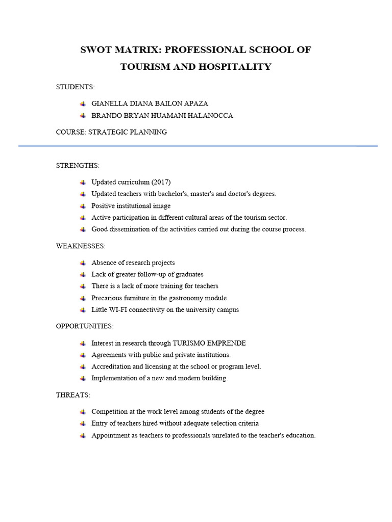 Swot matrix of the tourism and hospitality program download free pdf