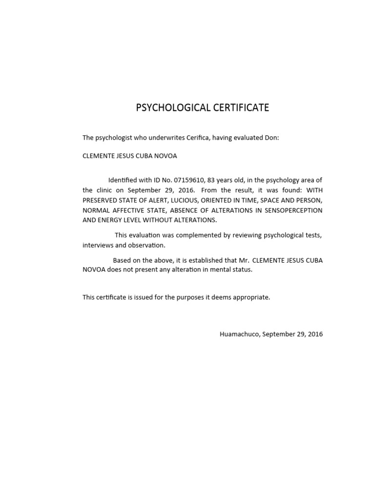 Psychological Certificate Good Mental Health PDF