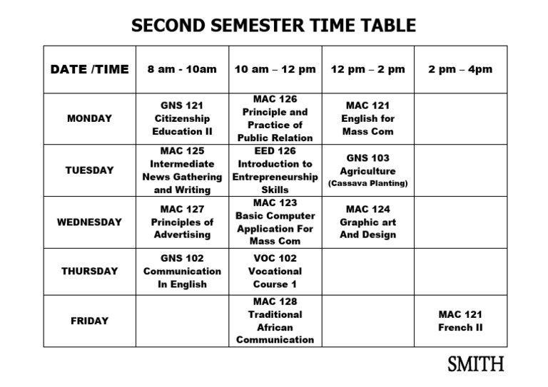 Second Semester Time Table Nwu