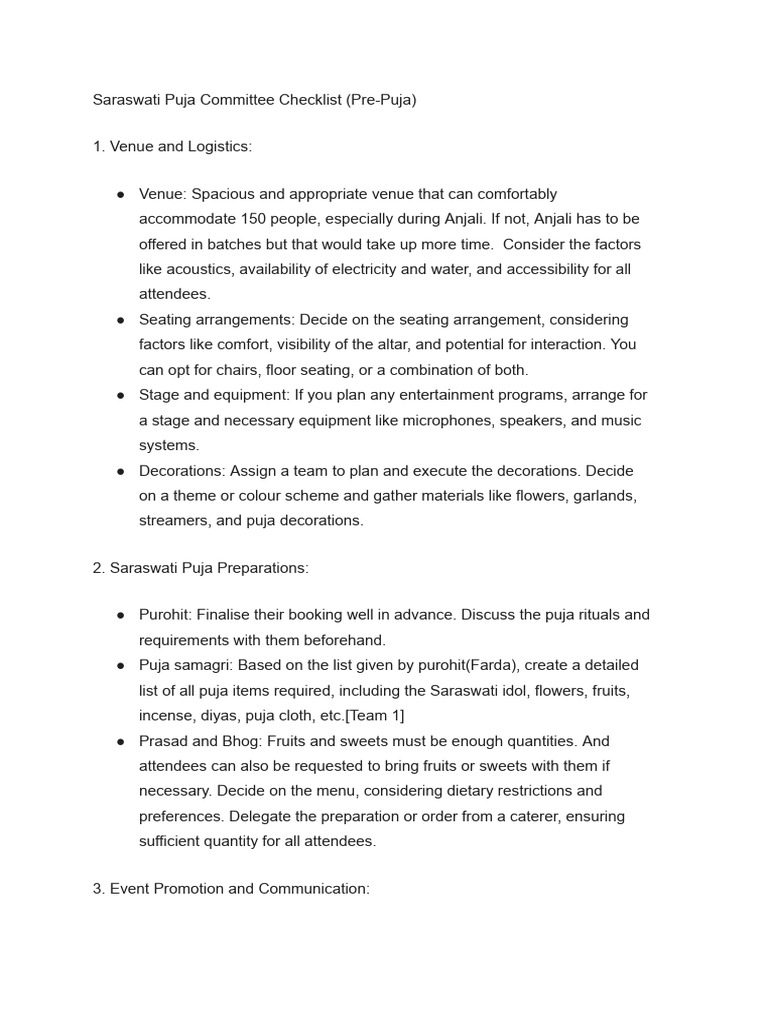 Saraswati Puja Committee Checklist | PDF | Career & Growth