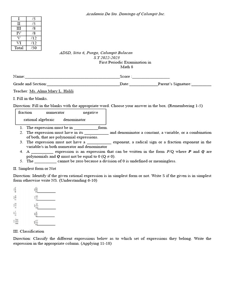 Math 8 First Periodic Exam Guide | PDF | Rational Number | Arithmetic