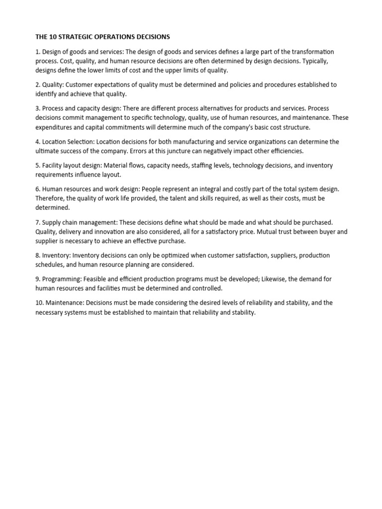 10 Key Operations Decisions Explained | PDF | Supply Chain | Supply ...