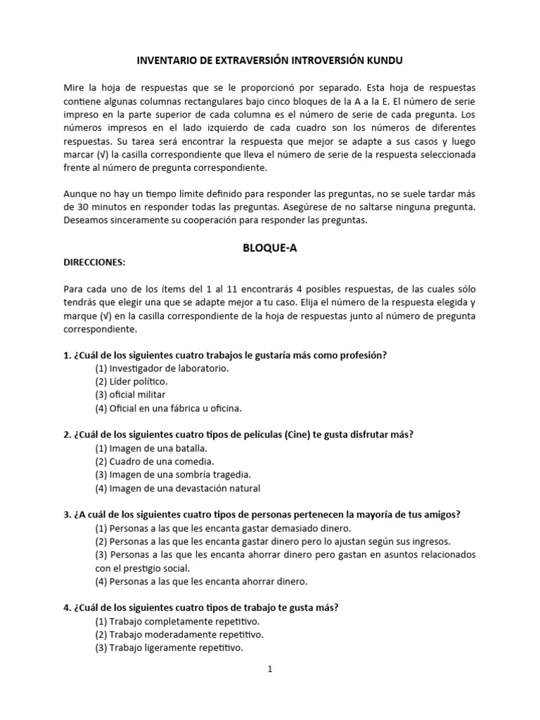 Inventario de Extraversion e Introversion | PDF | Relaciones personales ...