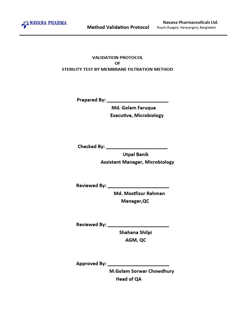 Steility test validation protocol by filtration method method pdf