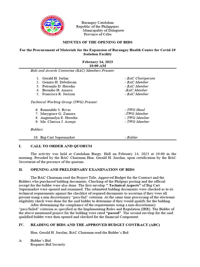 Minutes of opening of bids pdf