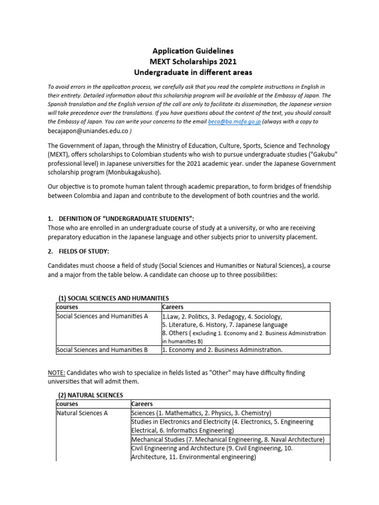 MEXT Information For Monbukagakusho Scholarship Applicants | PDF ...
