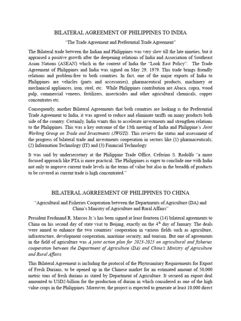 A. Bilateral Agreement of Philippines To India | PDF | Trade Agreements ...