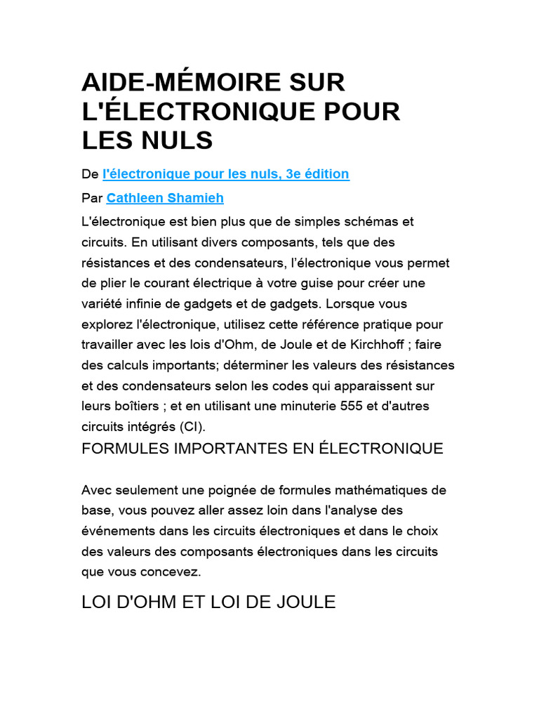 Aidemémoire électronique pour débutants PDF Tension électrique — free download