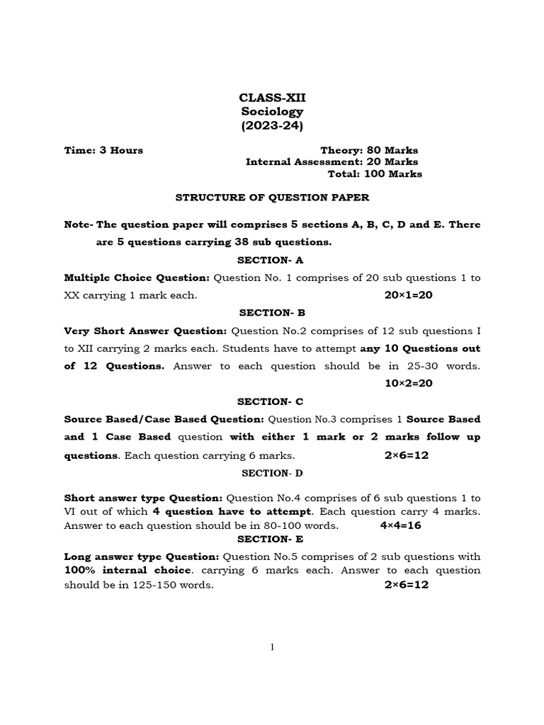 Class XII Sociology Question Paper Structure | PDF | Teaching Methods ...