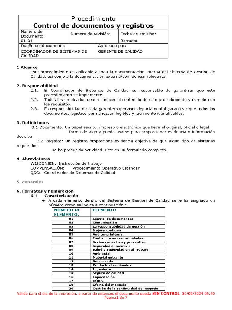 Procedimiento de Control Documental QMS | PDF | Sistema de manejo de ...
