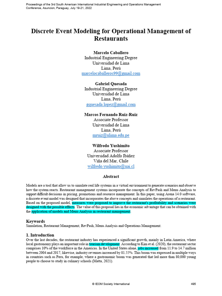 Discrete Event Modeling For Operational Management of Restaurants | PDF ...