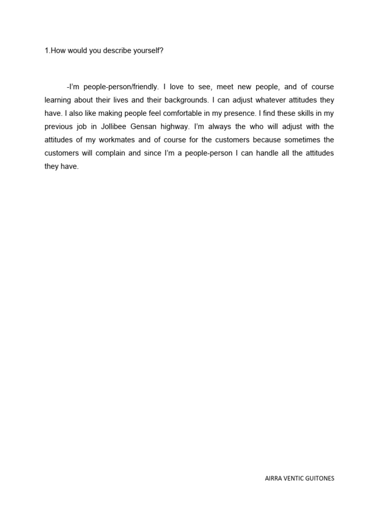 How would you describe yourself pdf flight attendant cognition