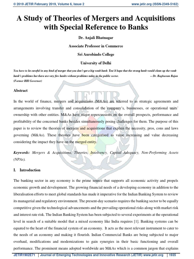 Theories of Mergers in Banking Sector | PDF | Mergers And Acquisitions ...