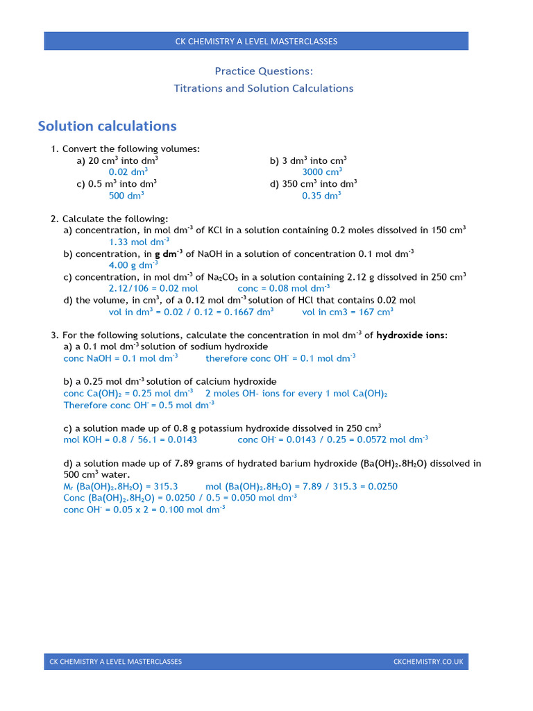 Titrations and Solution Calculations Practice Questions Answers PDF