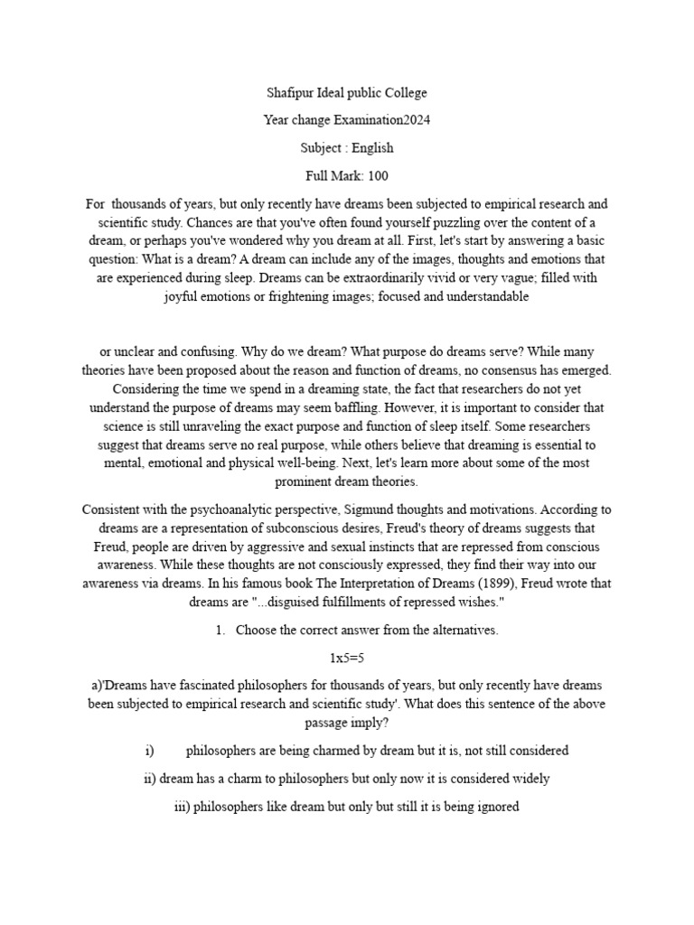 HSC 25 2nd Tuturial Question | PDF | Dream | Unconscious Mind