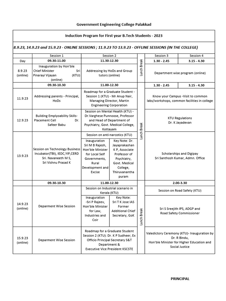 Induction Program for B.Tech Students 2023 | PDF | Kerala