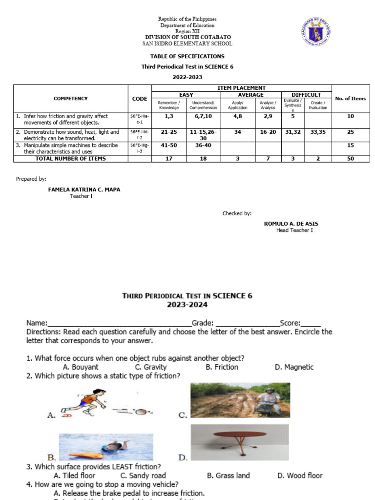 Science 6 Periodical Test Specs 2023 | PDF | Machines | Gravity