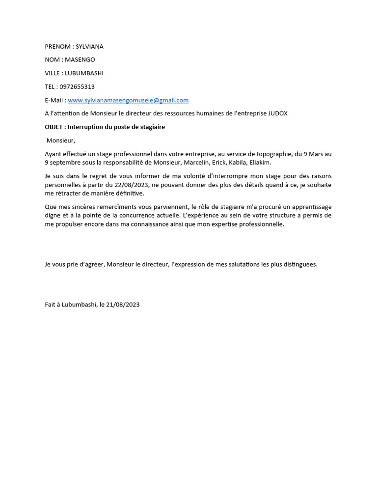 Interruption de stage par le stagiaire | PDF