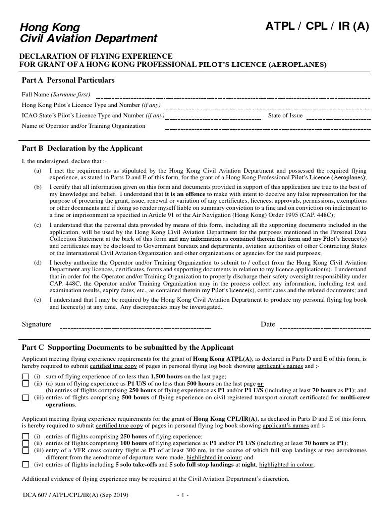 HKCAD DCA 607 Pilot Experience Form | PDF | Aeronautics | Aerospace