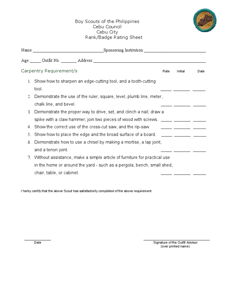 Carpentry Badge Rating Sheet Template | PDF