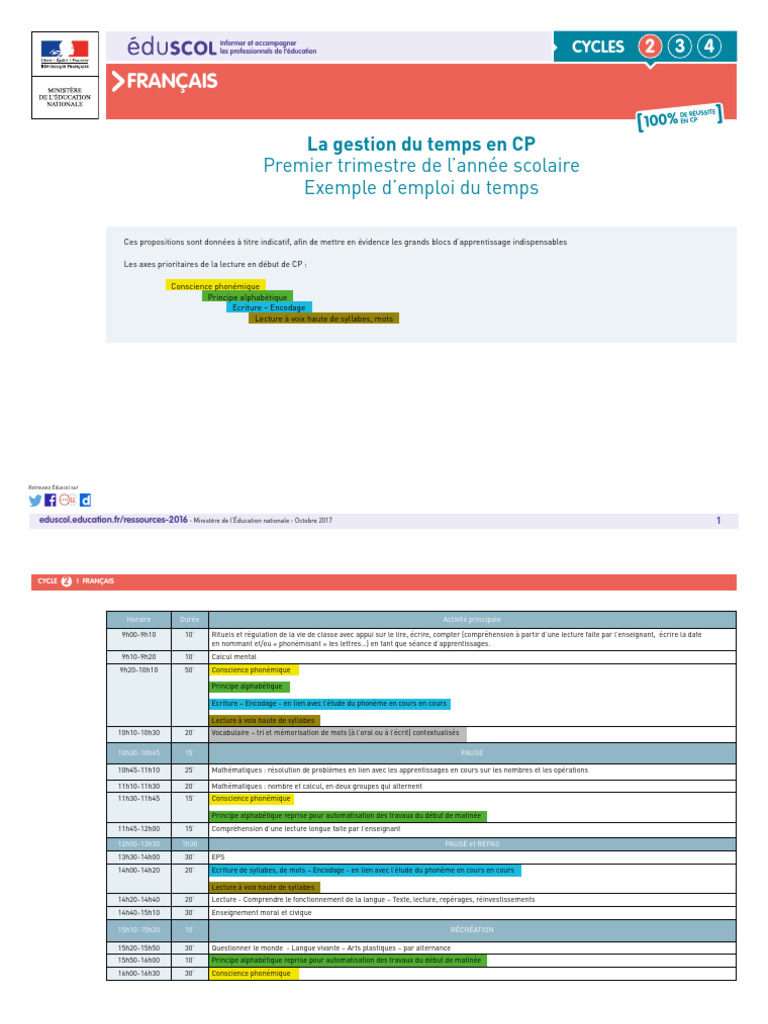 Emploi du temps CP et GS Éduscol | PDF | Écriture | Langue française