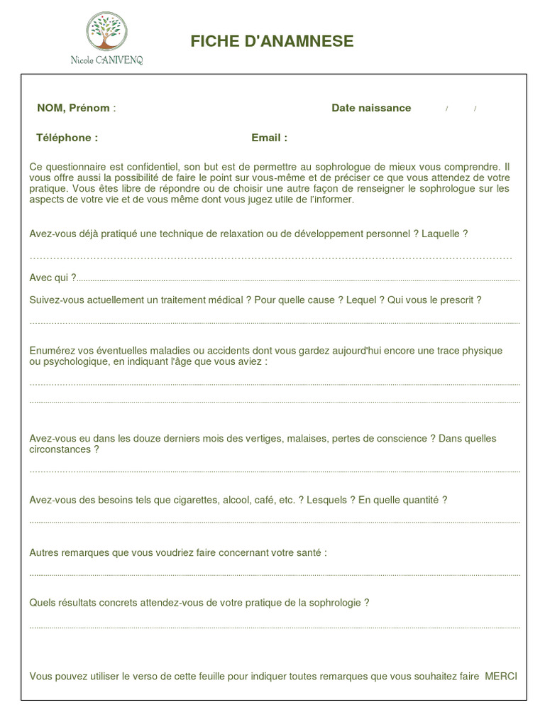 Fiche Danamnèse Pour Sophrologie Pdf 