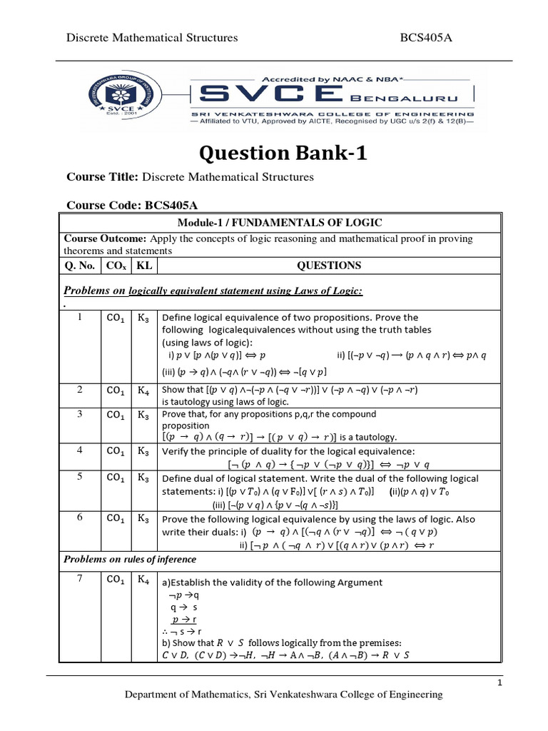 BCS405A Discrete Math Question Bank | PDF | Mathematical Proof | If And ...