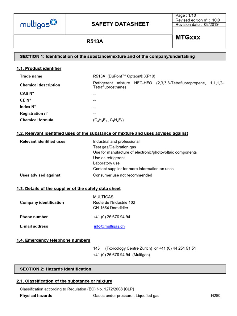 R513A Safety Data Sheet Summary | PDF | Dangerous Goods | Toxicity