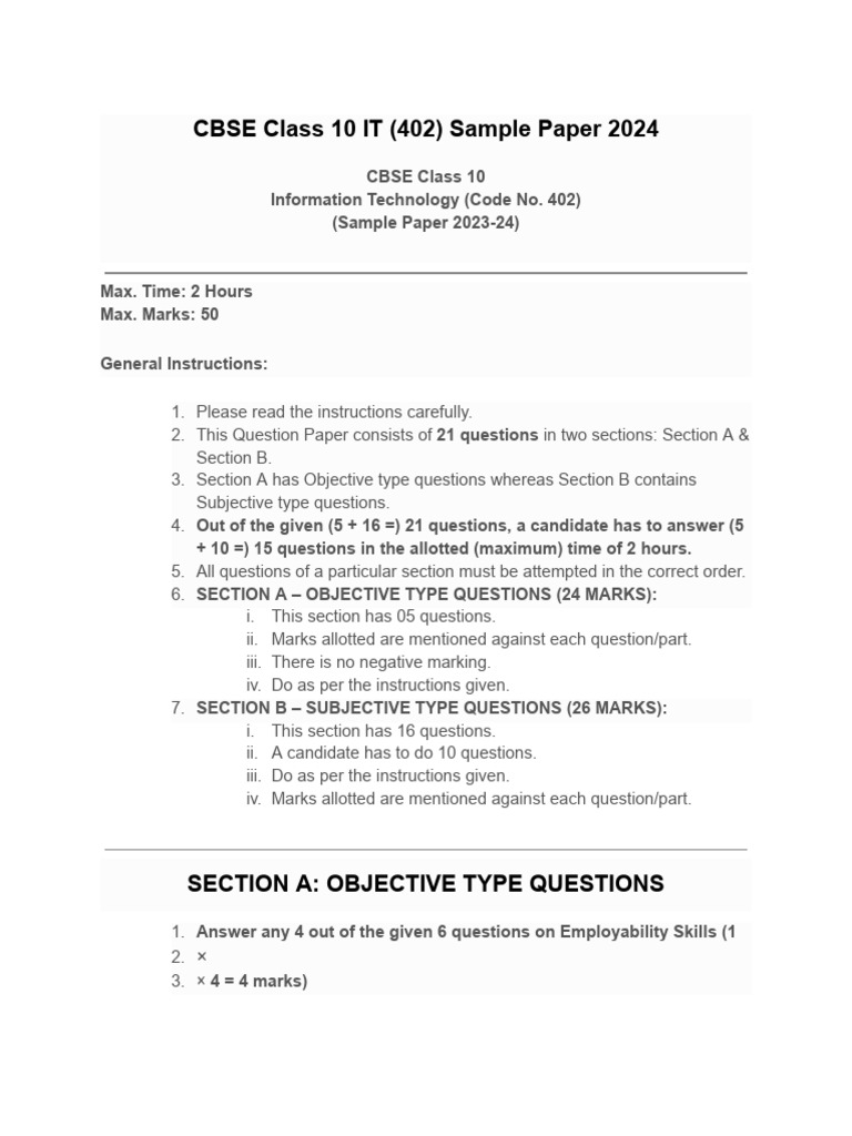 CBSE Class 10 IT Sample Paper 2024 | PDF | Databases | Spreadsheet