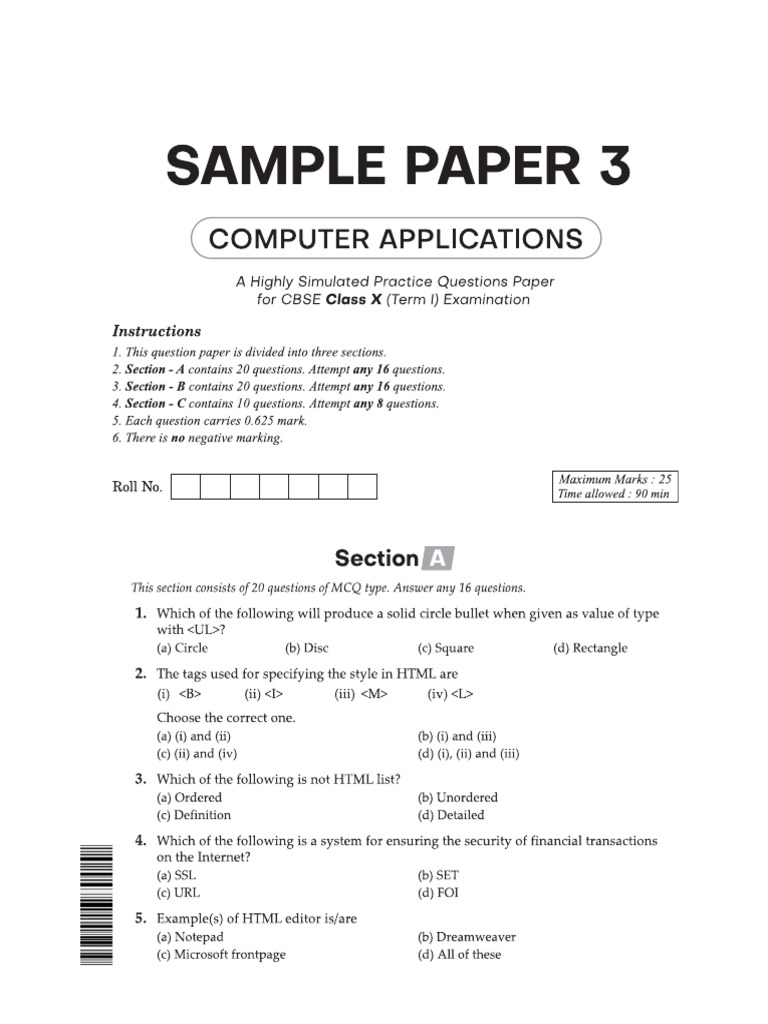 Computer Application (SQP) Class 10 | PDF