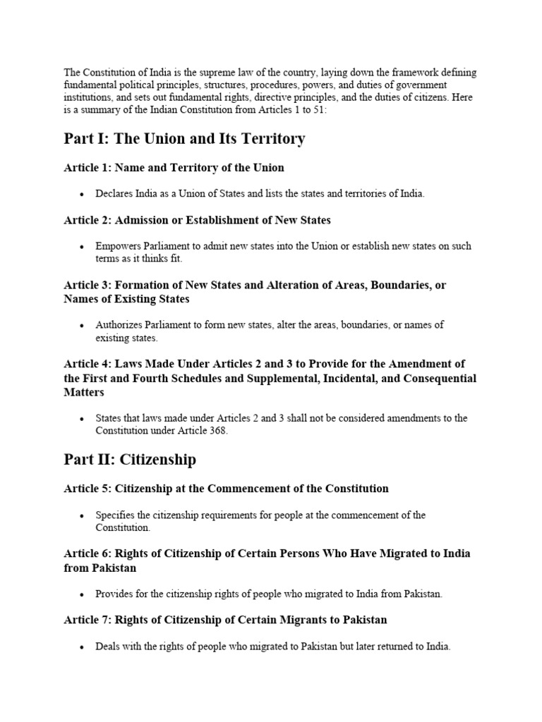 Summary of Articles 1 to 51, Indian Constitution | PDF | Citizenship ...