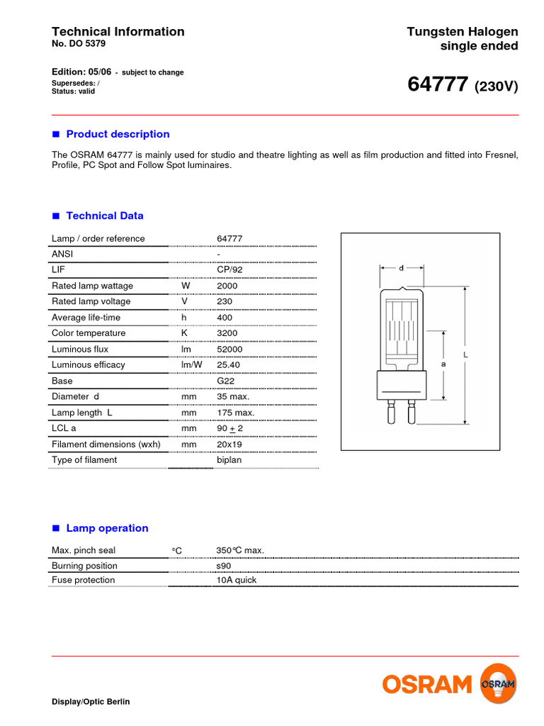 OSRAM 64777 Tungsten Halogen Lamp Specs | PDF