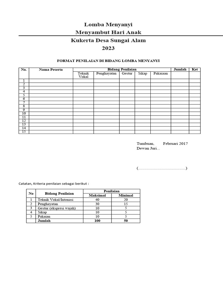 Format Penilaian Lomba Menyanyi 2023 | PDF
