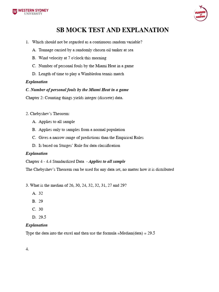 Statistics Mock Test and Explanations | PDF | F Test | Type I And Type ...