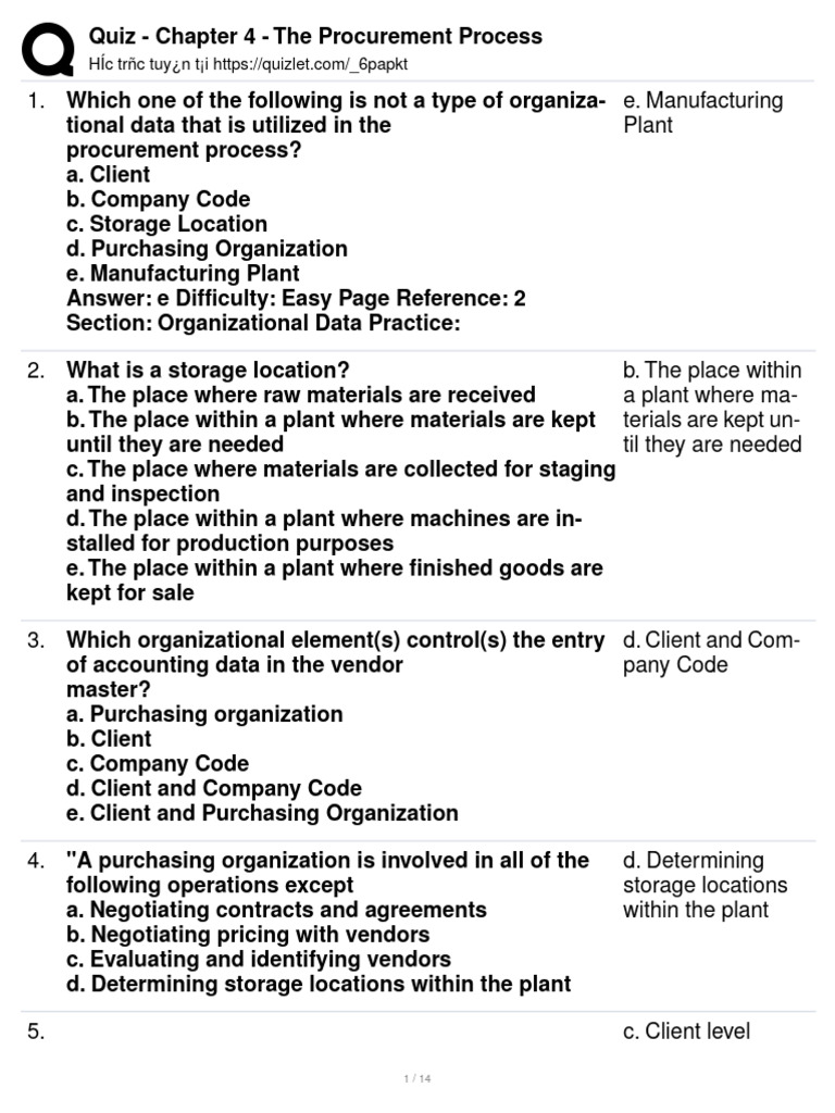 Quiz Chapter 4 The Procurement Process Pdf Accounts Payable
