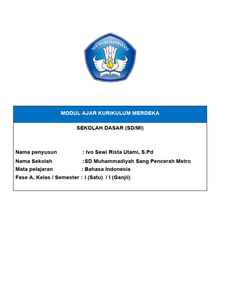Modul Ajar Bahasa Indonesia Kelas 1 | PDF | Seni & Disiplin Bahasa ...