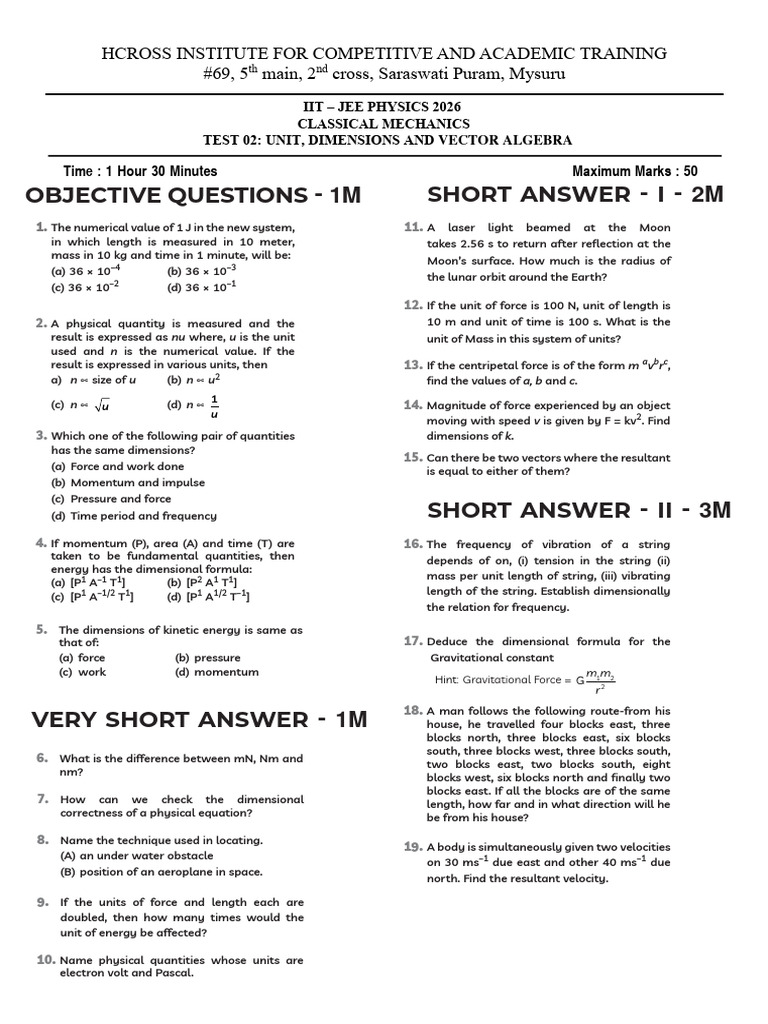 IIT JEE Physics Test: Units & Dimensions | PDF | Velocity | Force